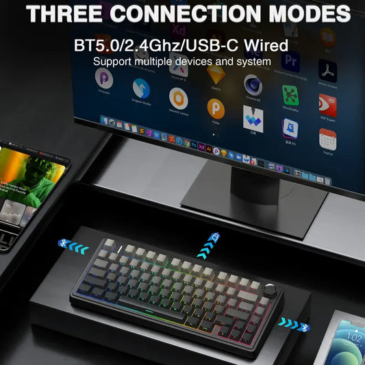 F75 Pro Wireless Mechanical Keyboard, 75% Hot Swap PBT Side Print RGB Keyboard with Multimedia Scroll Wheel