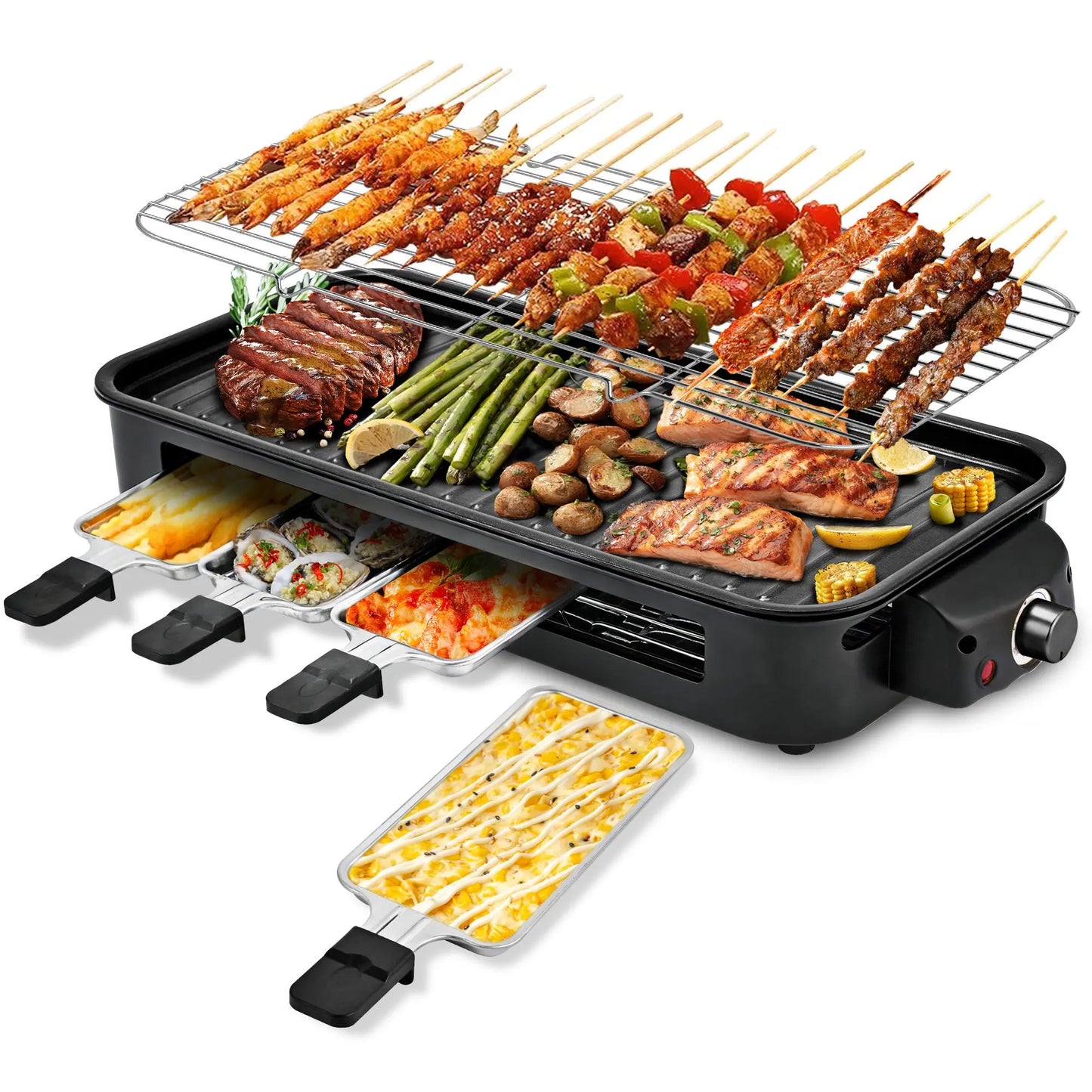 1800W 2‑in‑1 Electric Indoor Smokeless Grill & Pan, Non‑Stick Removable Plate, Temperature Control with Grill Net