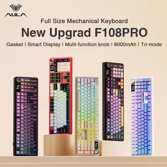 Customize Your Perfect Keeb! F108 Pro Full Size Hot Swappable Keyboard, Built-in Smart Screen & Control Knob, Tri-Mode RGB Wireless Mechanical Keyboard for Office & Gaming