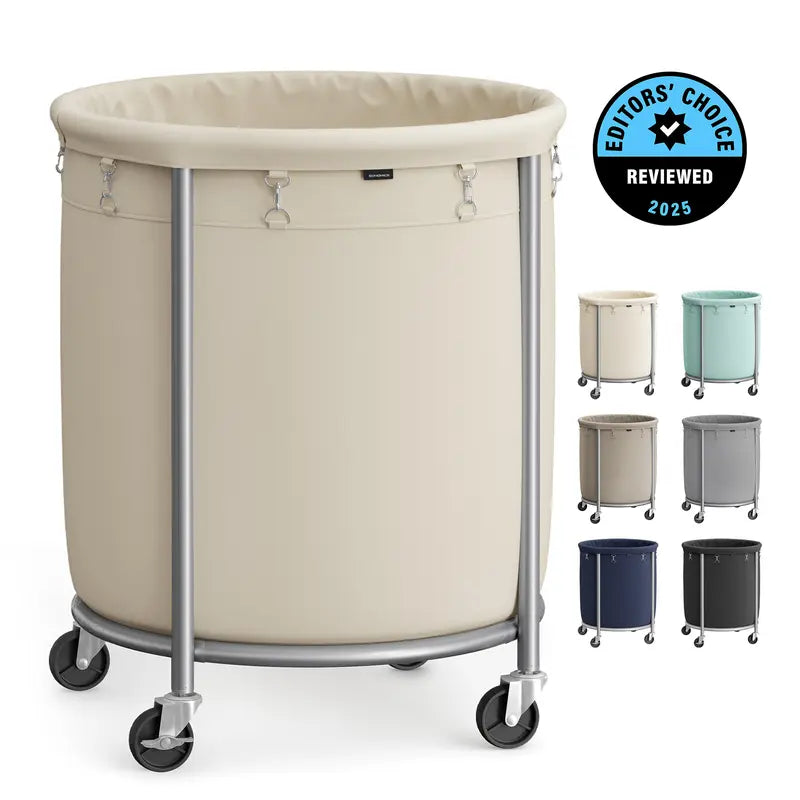 Rolling Laundry Hamper with Wheels, Round Laundry Cart Steel Frame Removable Bag, Dorm Storage Organizer