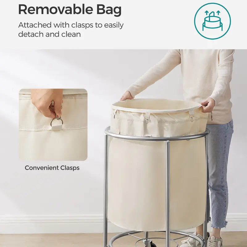 Rolling Laundry Hamper with Wheels, Round Laundry Cart Steel Frame Removable Bag, Dorm Storage Organizer