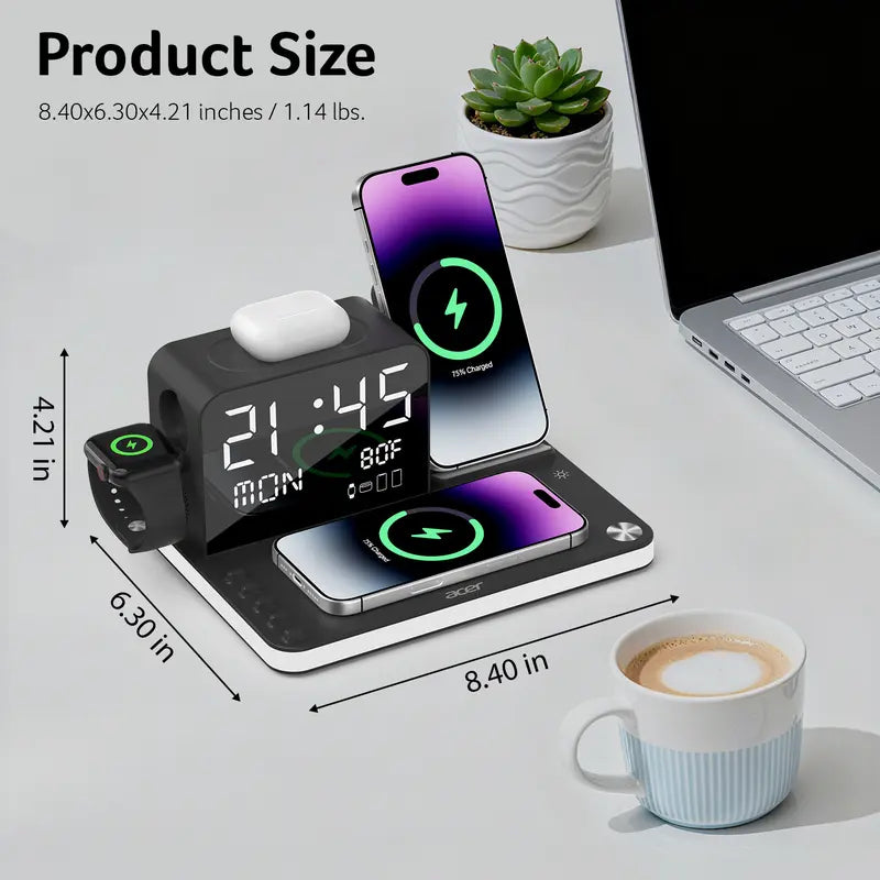 7‑in‑1 Multi‑Device Wireless Charging Station, Mag‑Safe Fast Charger with Clock, Night Light & Temperature Display