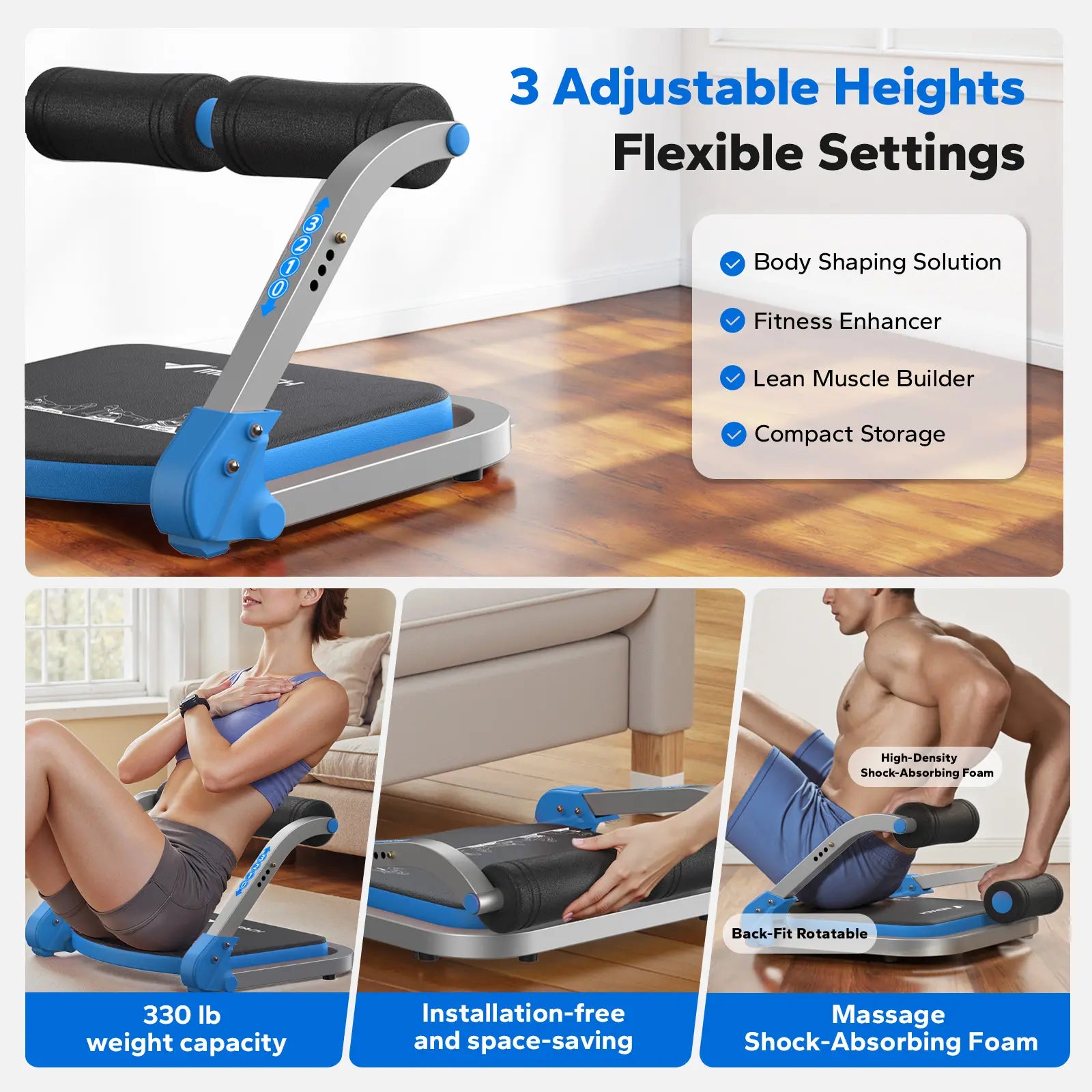 Space Saving Roll-Up Abdominal Crunch Machine, 3-Gear Sit-Up Workout Equipment