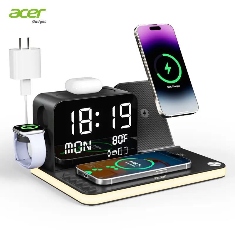 7‑in‑1 Multi‑Device Wireless Charging Station, Mag‑Safe Fast Charger with Clock, Night Light & Temperature Display