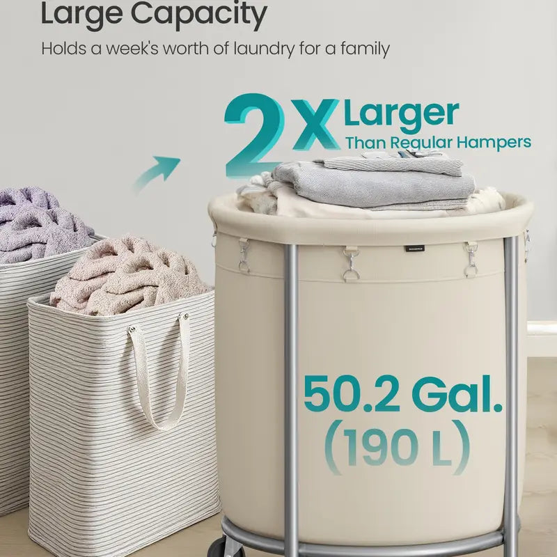 Rolling Laundry Hamper with Wheels, Round Laundry Cart Steel Frame Removable Bag, Dorm Storage Organizer