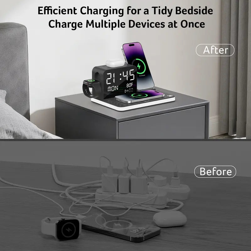 7‑in‑1 Multi‑Device Wireless Charging Station, Mag‑Safe Fast Charger with Clock, Night Light & Temperature Display