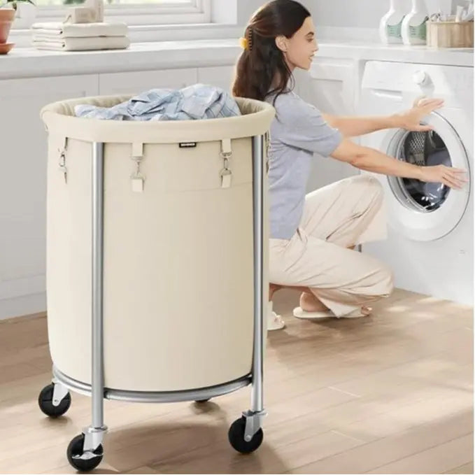 Rolling Laundry Hamper with Wheels, Round Laundry Cart Steel Frame Removable Bag, Dorm Storage Organizer