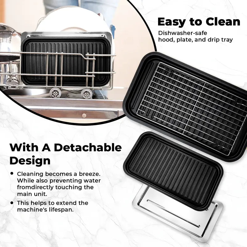 1800W 2‑in‑1 Electric Indoor Smokeless Grill & Pan, Non‑Stick Removable Plate, Temperature Control with Grill Net