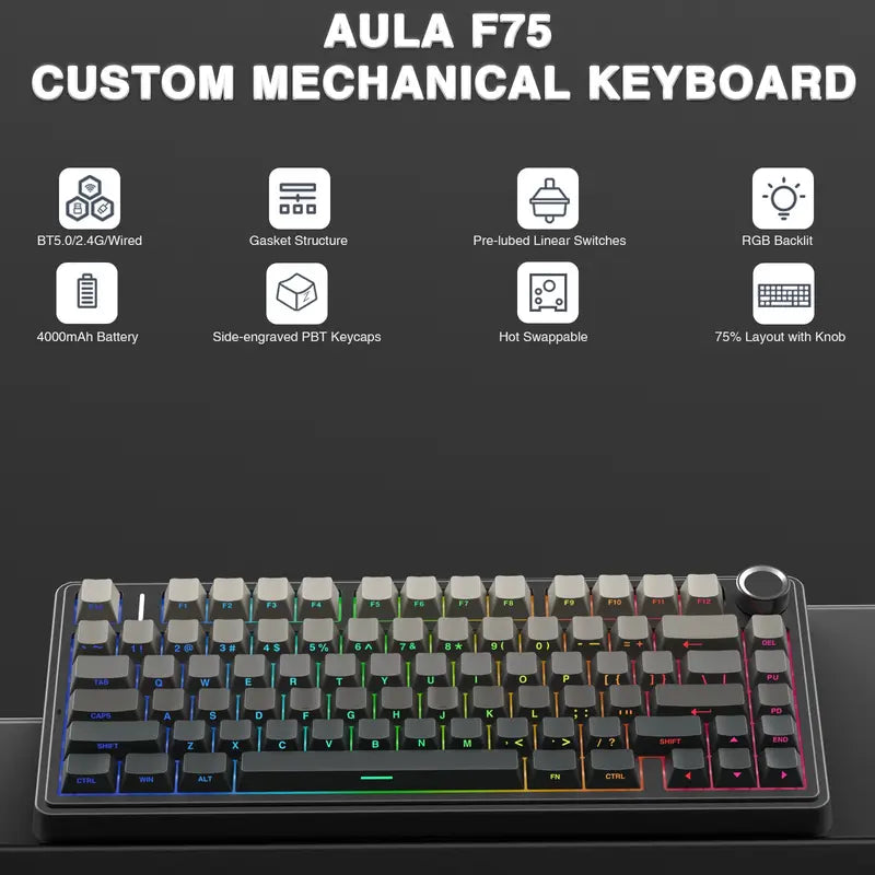 Creamy Smooth Typing! OFFICIAL  F75 Pro Wireless Mechanical Keyboard,75% Hot-Swappable,RGB Backlight,PBT Side-Printed Keycaps with Multimedia Scroll Wheel PC Gaming Accessories
