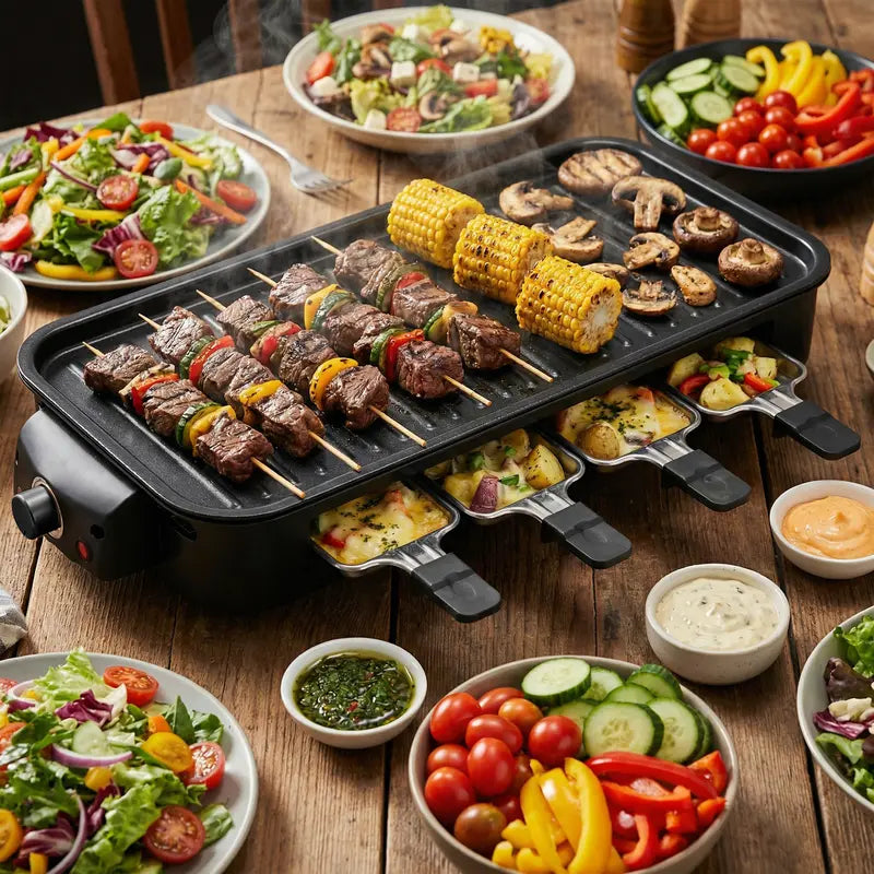 1800W 2‑in‑1 Electric Indoor Smokeless Grill & Pan, Non‑Stick Removable Plate, Temperature Control with Grill Net