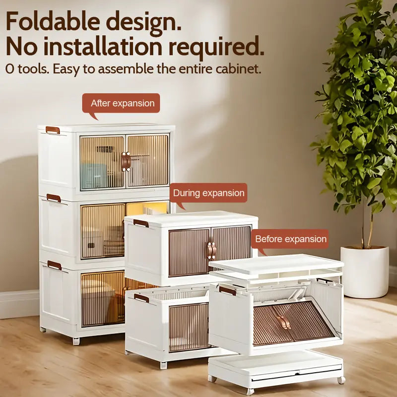 Foldable Stackable Storage Box with Wheels & Lid | 40/64/128QT Multi-Layer Home Organizer for Bedroom Kitchen Warehouse