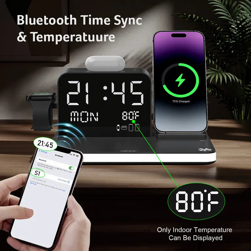 7‑in‑1 Multi‑Device Wireless Charging Station, Mag‑Safe Fast Charger with Clock, Night Light & Temperature Display