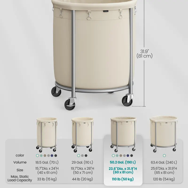 Rolling Laundry Hamper with Wheels, Round Laundry Cart Steel Frame Removable Bag, Dorm Storage Organizer