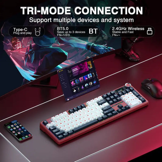 Customize Your Perfect Keeb! F108 Pro Full Size Hot Swappable Keyboard, Built-in Smart Screen & Control Knob, Tri-Mode RGB Wireless Mechanical Keyboard for Office & Gaming
