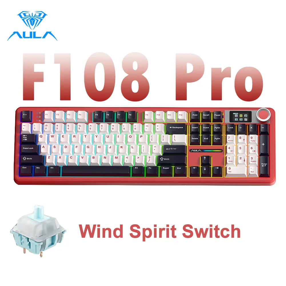 Customize Your Perfect Keeb! F108 Pro Full Size Hot Swappable Keyboard, Built-in Smart Screen & Control Knob, Tri-Mode RGB Wireless Mechanical Keyboard for Office & Gaming