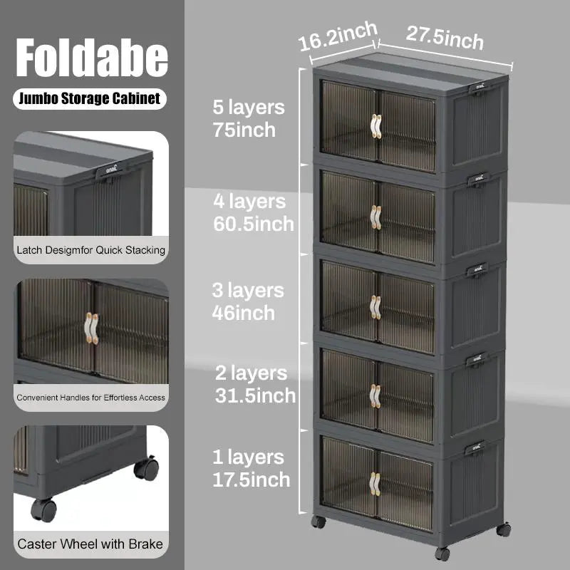 Foldable Stackable Storage Box with Wheels & Lid | 40/64/128QT Multi-Layer Home Organizer for Bedroom Kitchen Warehouse