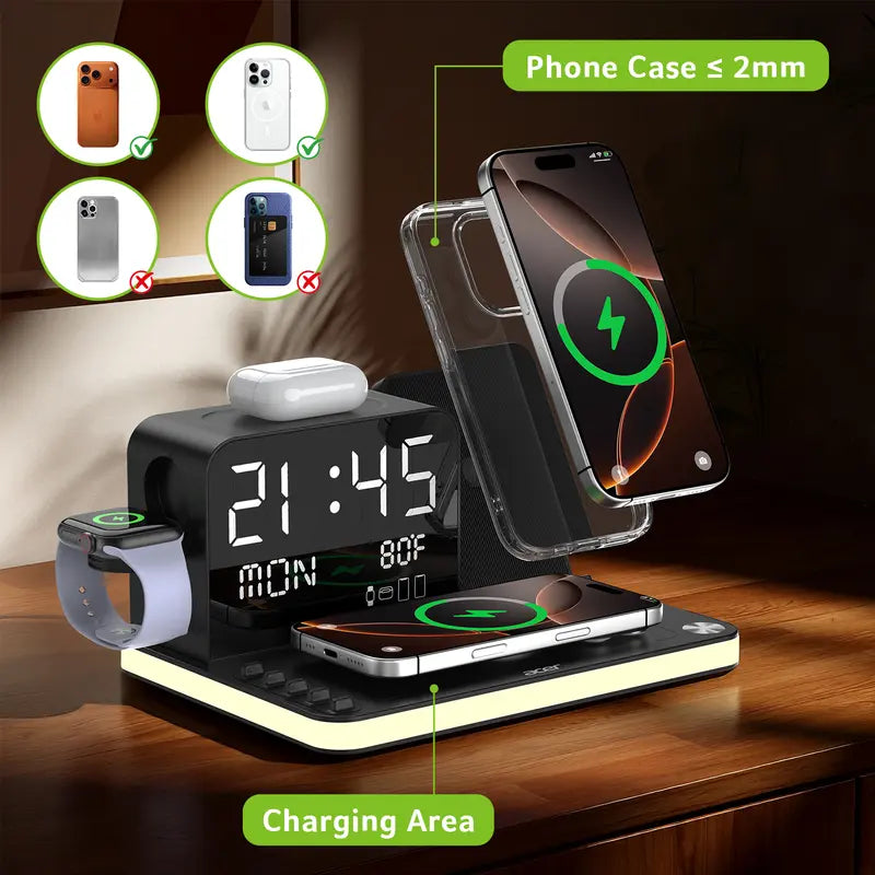 7‑in‑1 Multi‑Device Wireless Charging Station, Mag‑Safe Fast Charger with Clock, Night Light & Temperature Display
