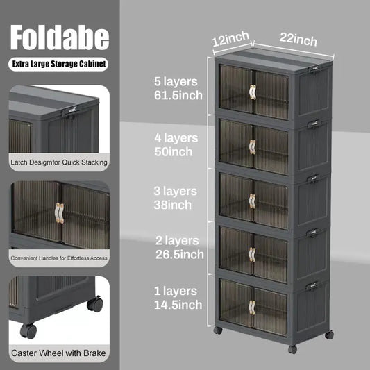 Foldable Stackable Storage Box with Wheels & Lid | 40/64/128QT Multi-Layer Home Organizer for Bedroom Kitchen Warehouse
