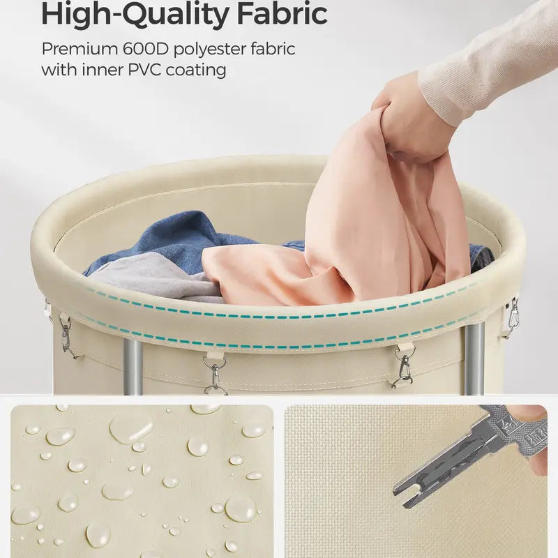 Rolling Laundry Hamper with Wheels, Round Laundry Cart Steel Frame Removable Bag, Dorm Storage Organizer