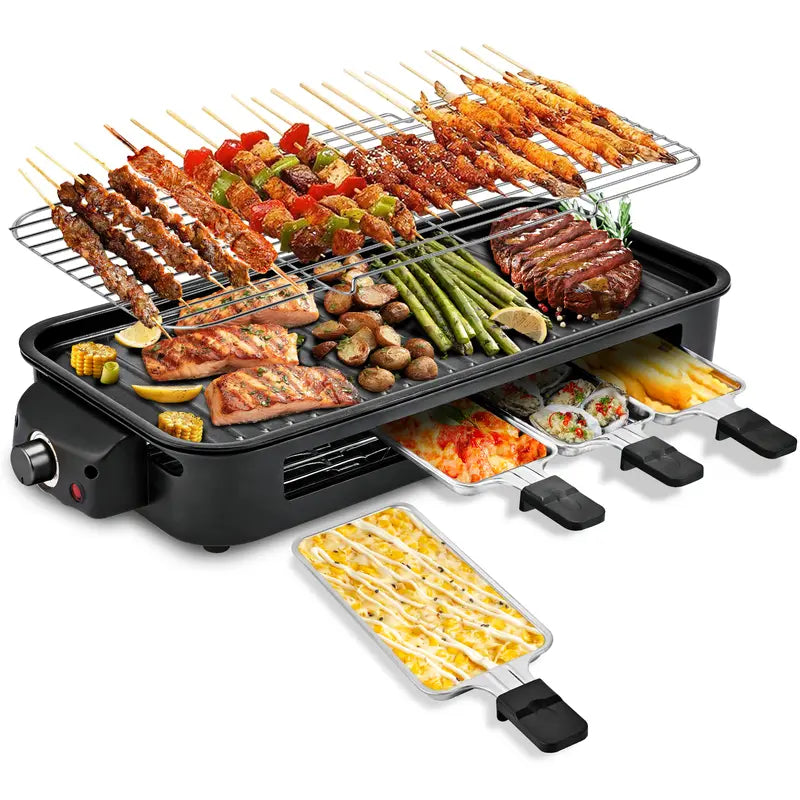 1800W 2‑in‑1 Electric Indoor Smokeless Grill & Pan, Non‑Stick Removable Plate, Temperature Control with Grill Net