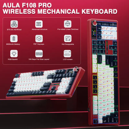 Customize Your Perfect Keeb! F108 Pro Full Size Hot Swappable Keyboard, Built-in Smart Screen & Control Knob, Tri-Mode RGB Wireless Mechanical Keyboard for Office & Gaming