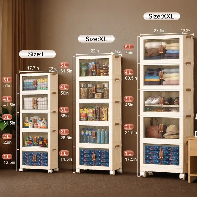 Foldable Stackable Storage Box with Wheels & Lid | 40/64/128QT Multi-Layer Home Organizer for Bedroom Kitchen Warehouse
