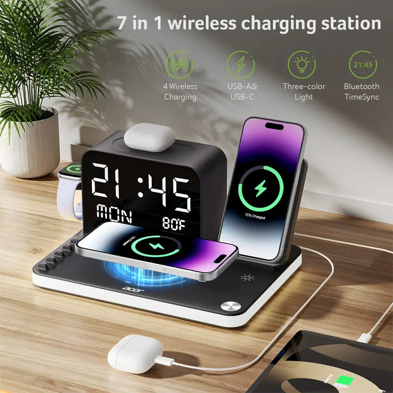 7‑in‑1 Multi‑Device Wireless Charging Station, Mag‑Safe Fast Charger with Clock, Night Light & Temperature Display
