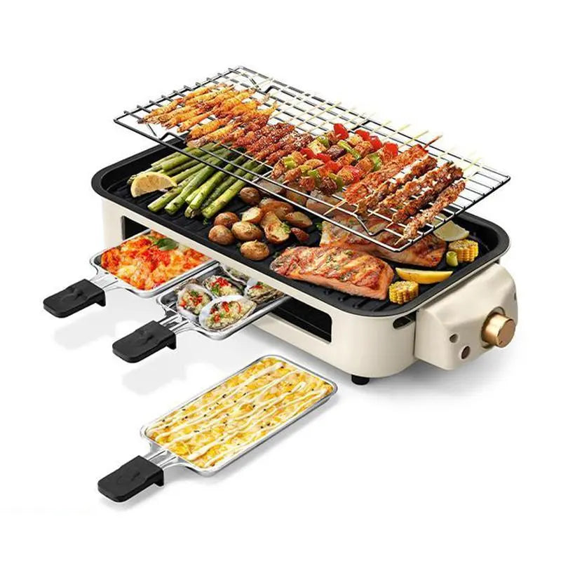 1800W 2‑in‑1 Electric Indoor Smokeless Grill & Pan, Non‑Stick Removable Plate, Temperature Control with Grill Net