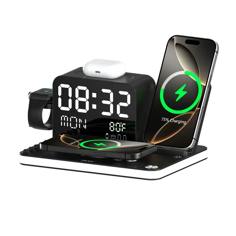 7‑in‑1 Multi‑Device Wireless Charging Station, Mag‑Safe Fast Charger with Clock, Night Light & Temperature Display