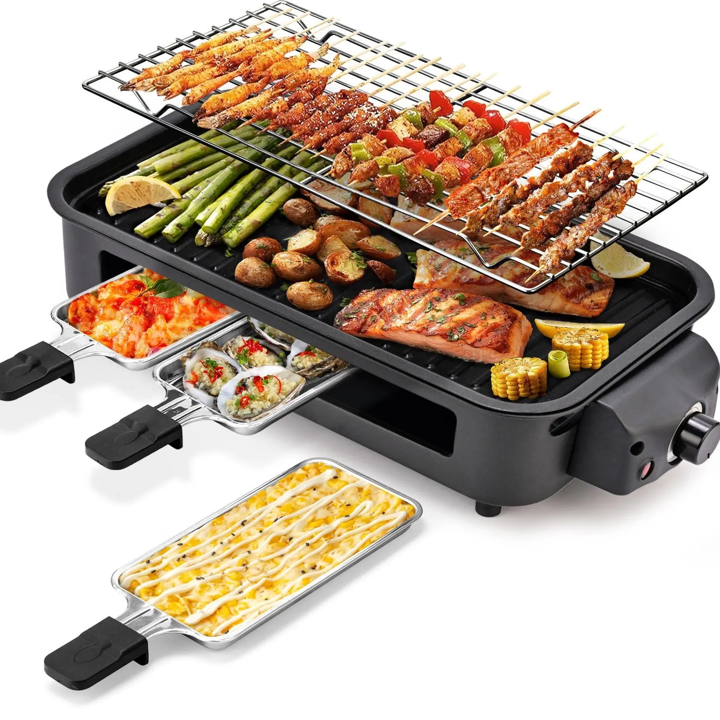 1800W 2‑in‑1 Electric Indoor Smokeless Grill & Pan, Non‑Stick Removable Plate, Temperature Control with Grill Net
