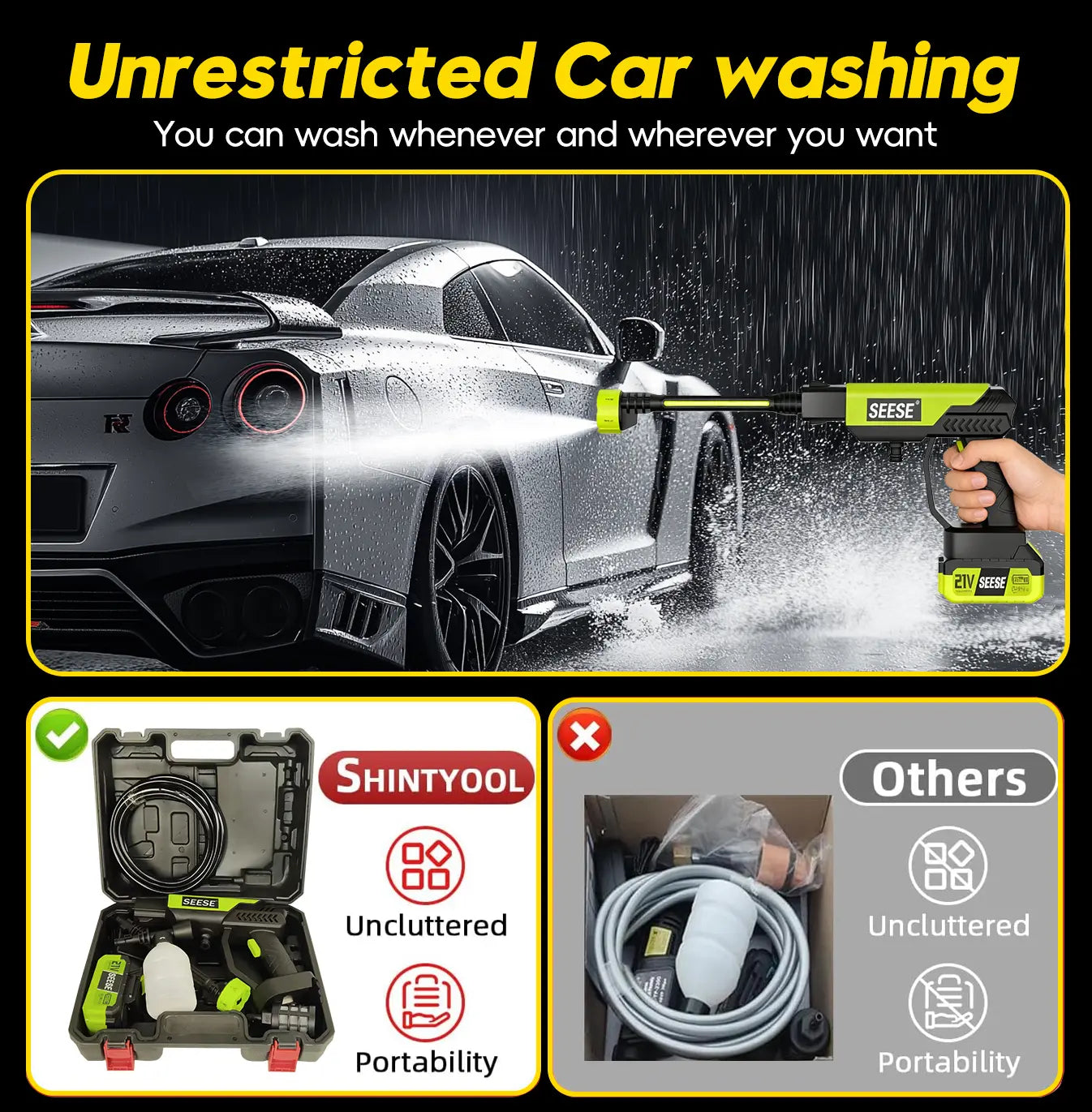 Lightweight Portable Cordless Power Washer, Complete with Charging Base for Car Washing & Yard Use