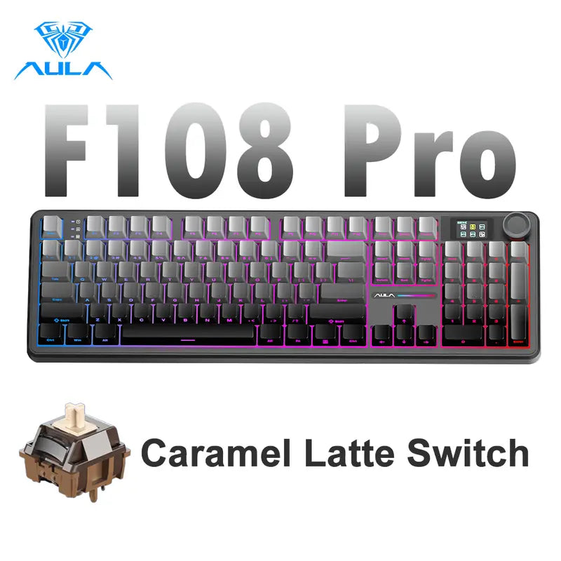 Customize Your Perfect Keeb! F108 Pro Full Size Hot Swappable Keyboard, Built-in Smart Screen & Control Knob, Tri-Mode RGB Wireless Mechanical Keyboard for Office & Gaming