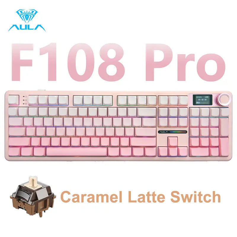 Customize Your Perfect Keeb! F108 Pro Full Size Hot Swappable Keyboard, Built-in Smart Screen & Control Knob, Tri-Mode RGB Wireless Mechanical Keyboard for Office & Gaming