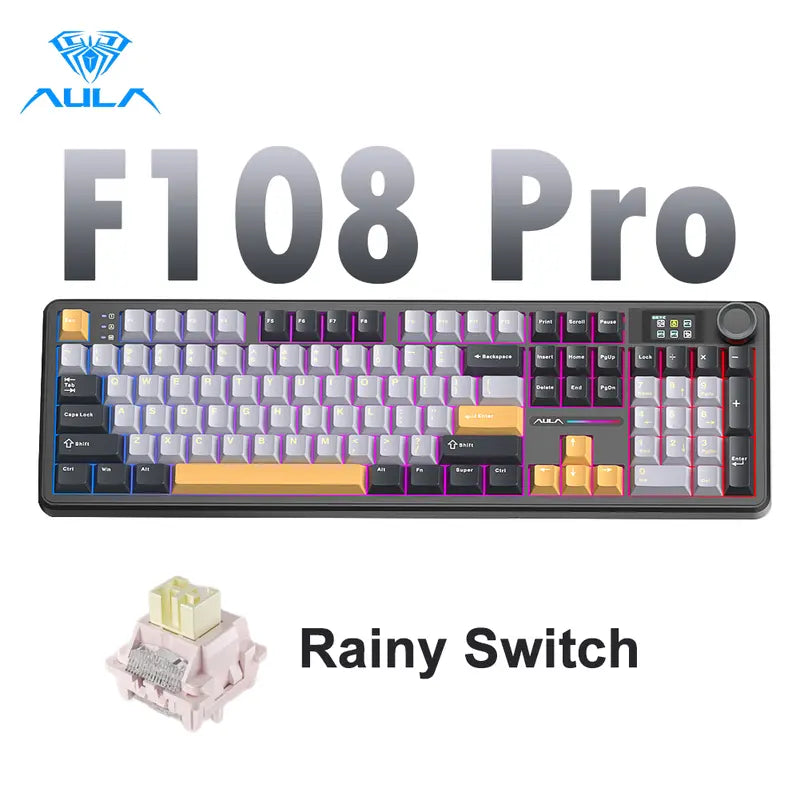 Customize Your Perfect Keeb! F108 Pro Full Size Hot Swappable Keyboard, Built-in Smart Screen & Control Knob, Tri-Mode RGB Wireless Mechanical Keyboard for Office & Gaming