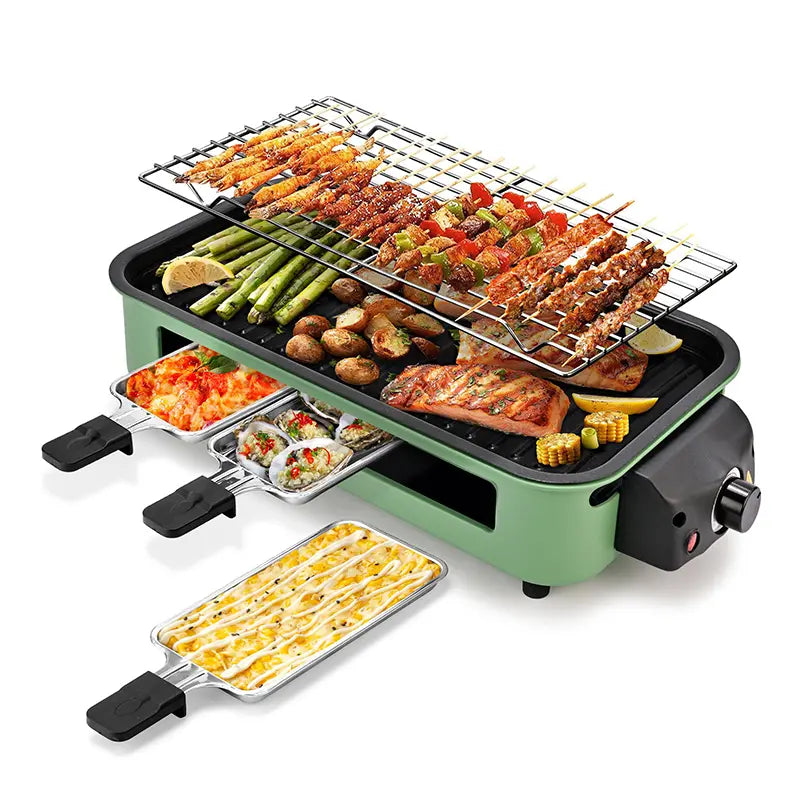 1800W 2‑in‑1 Electric Indoor Smokeless Grill & Pan, Non‑Stick Removable Plate, Temperature Control with Grill Net