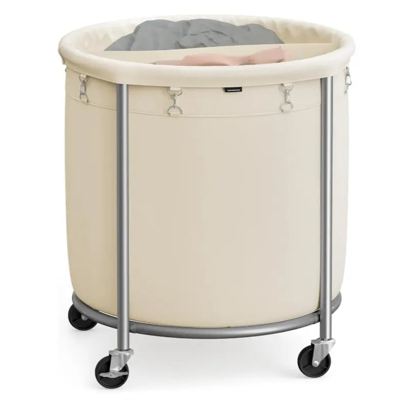 Rolling Laundry Hamper with Wheels, Round Laundry Cart Steel Frame Removable Bag, Dorm Storage Organizer