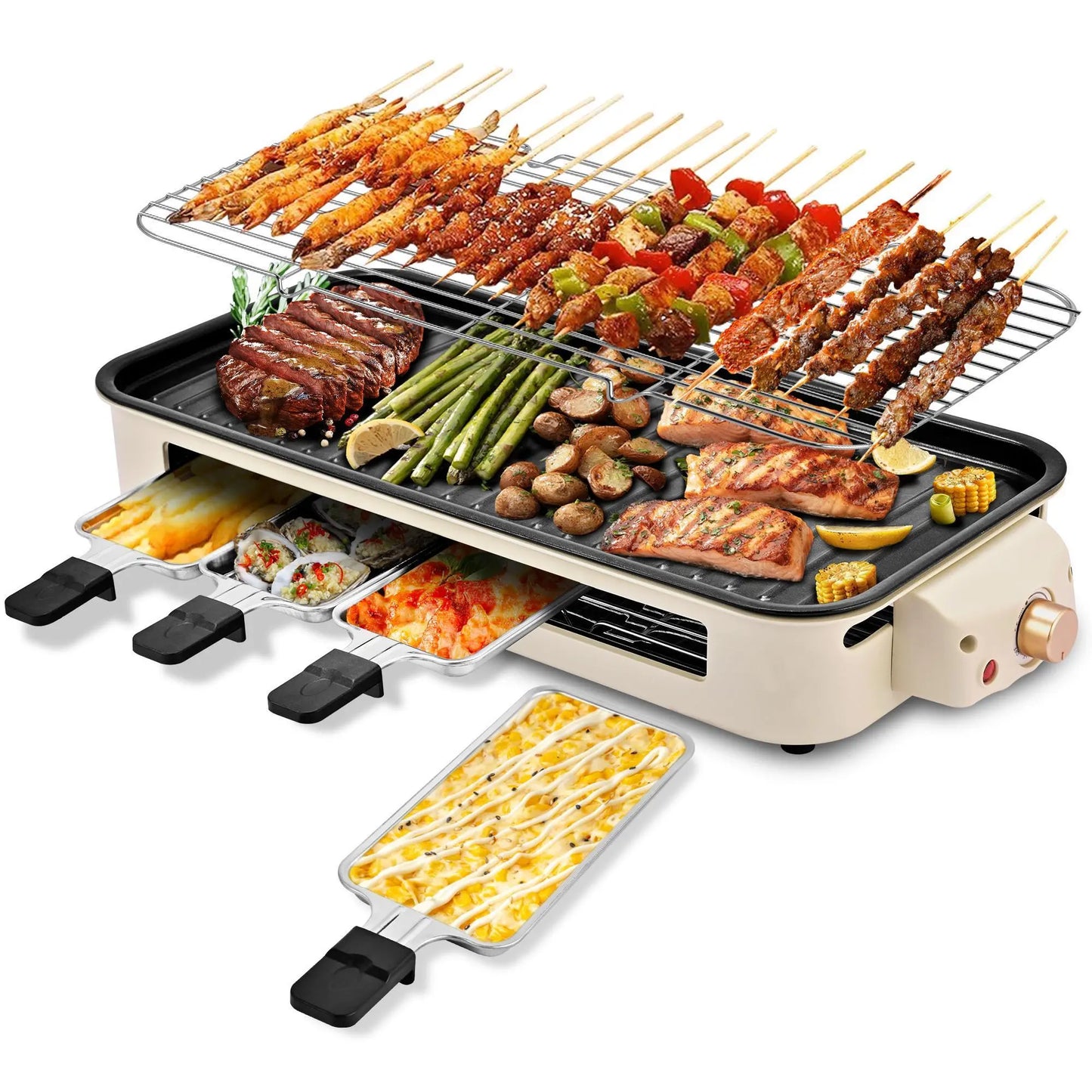 1800W 2‑in‑1 Electric Indoor Smokeless Grill & Pan, Non‑Stick Removable Plate, Temperature Control with Grill Net