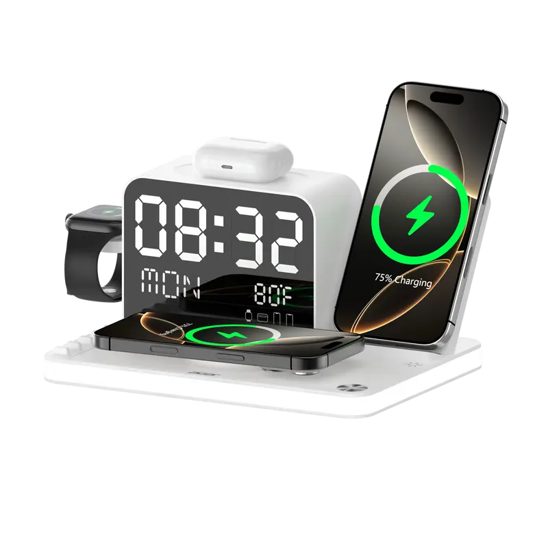 7‑in‑1 Multi‑Device Wireless Charging Station, Mag‑Safe Fast Charger with Clock, Night Light & Temperature Display