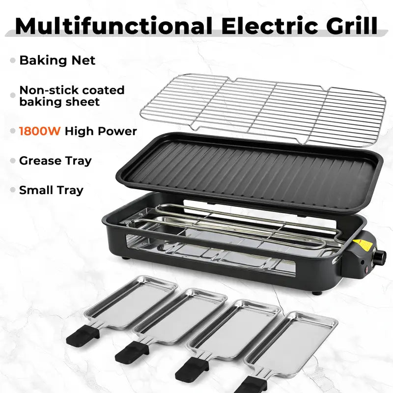 1800W 2‑in‑1 Electric Indoor Smokeless Grill & Pan, Non‑Stick Removable Plate, Temperature Control with Grill Net