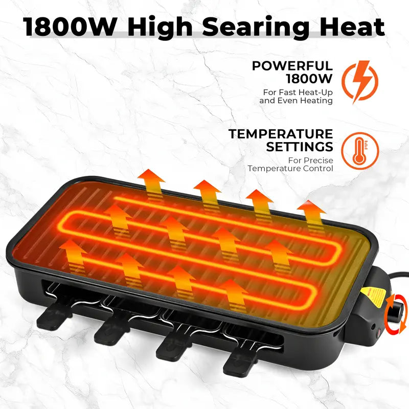 1800W 2‑in‑1 Electric Indoor Smokeless Grill & Pan, Non‑Stick Removable Plate, Temperature Control with Grill Net