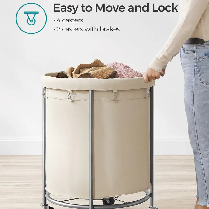 Rolling Laundry Hamper with Wheels, Round Laundry Cart Steel Frame Removable Bag, Dorm Storage Organizer