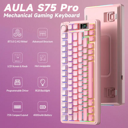 S75 Pro Wireless Mechanical Gaming Keyboard | Smart Screen & Multimedia Knob, RGB Rainbow Backlit, Tri-Mode 2.4G USB-C Bluetooth 5.0 Hot Swappable Creamy Keyboard, Multi-System Compatible PC/Mac/Linux Gaming Computer Accessories