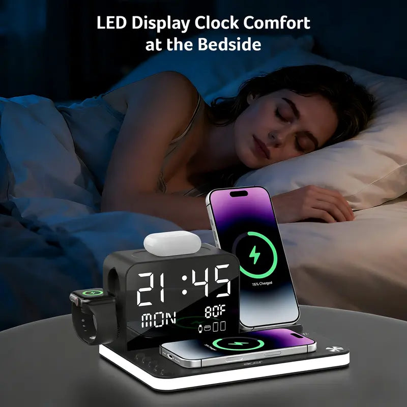 7‑in‑1 Multi‑Device Wireless Charging Station, Mag‑Safe Fast Charger with Clock, Night Light & Temperature Display