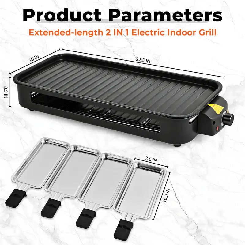 1800W 2‑in‑1 Electric Indoor Smokeless Grill & Pan, Non‑Stick Removable Plate, Temperature Control with Grill Net