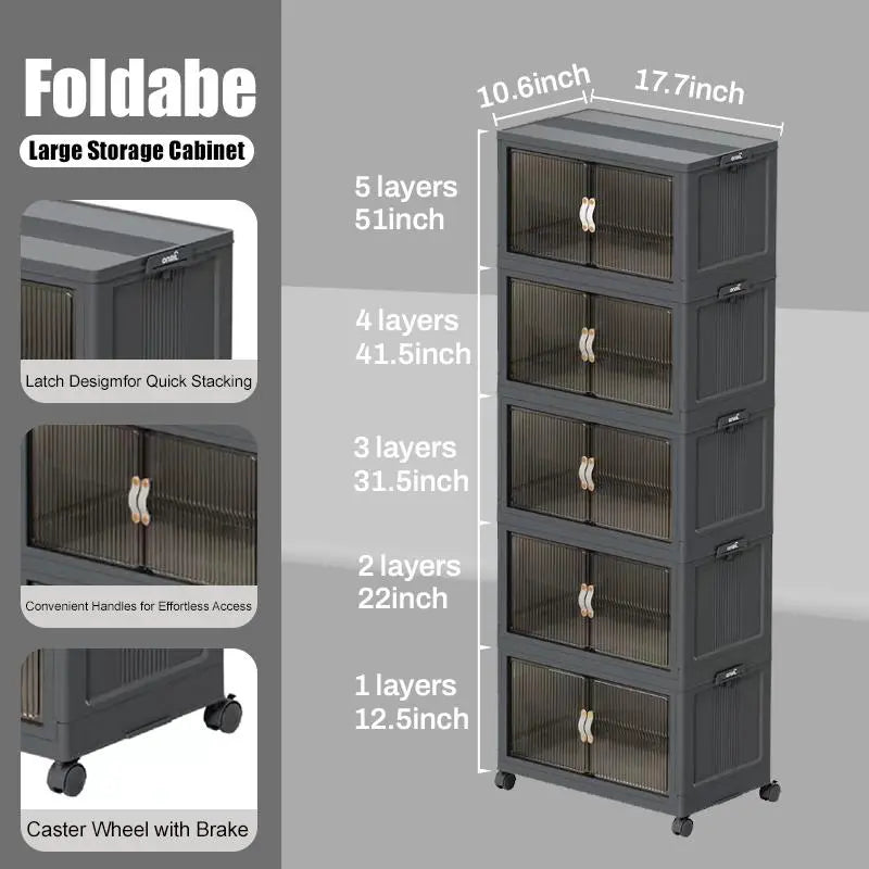 Foldable Stackable Storage Box with Wheels & Lid | 40/64/128QT Multi-Layer Home Organizer for Bedroom Kitchen Warehouse