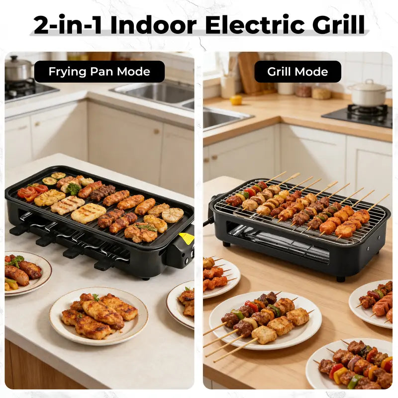 1800W 2‑in‑1 Electric Indoor Smokeless Grill & Pan, Non‑Stick Removable Plate, Temperature Control with Grill Net