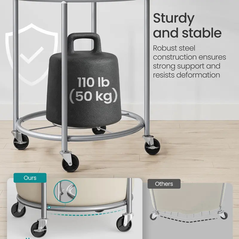Rolling Laundry Hamper with Wheels, Round Laundry Cart Steel Frame Removable Bag, Dorm Storage Organizer