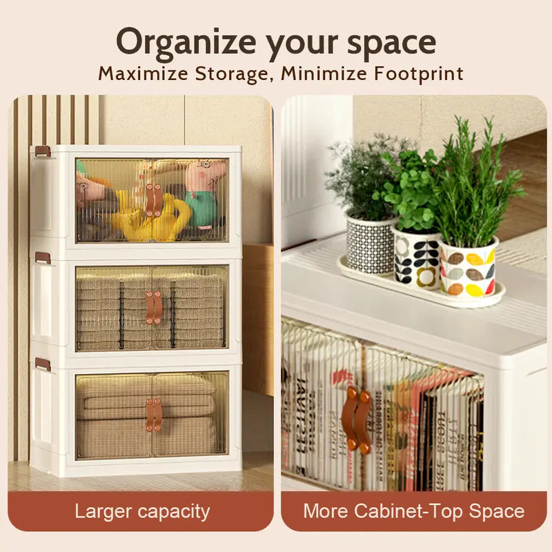 Foldable Stackable Storage Box with Wheels & Lid | 40/64/128QT Multi-Layer Home Organizer for Bedroom Kitchen Warehouse